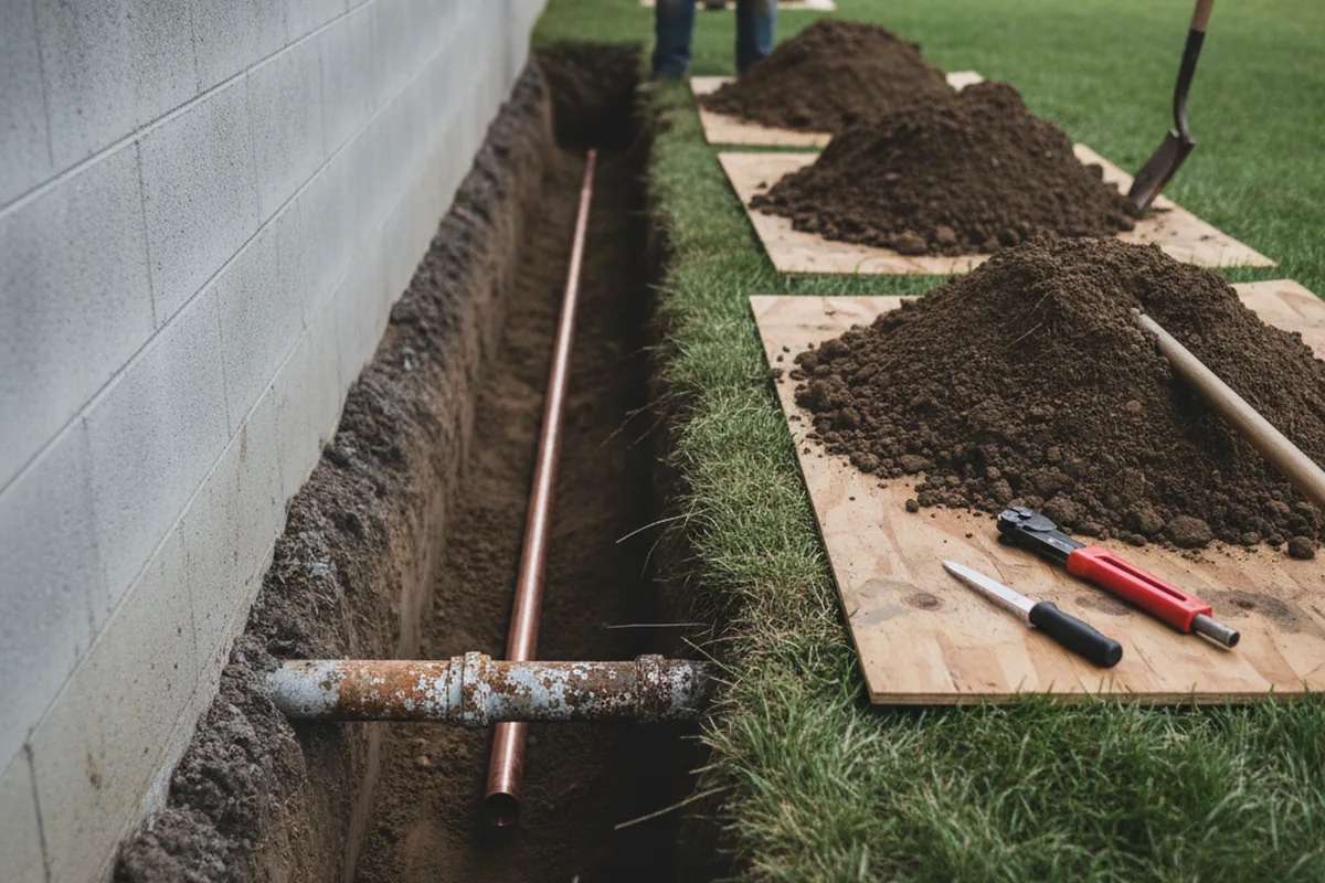 Excavated water line trench during Sewer Line Repair in Mount Vision